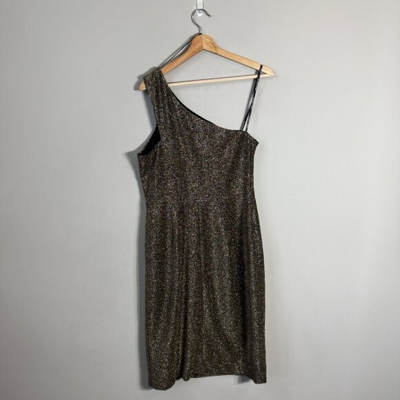 Vince Camuto One Shoulder Glitter Knee Length Dress Womens 12 Gold Slit Cocktail - Picture 5 of 14